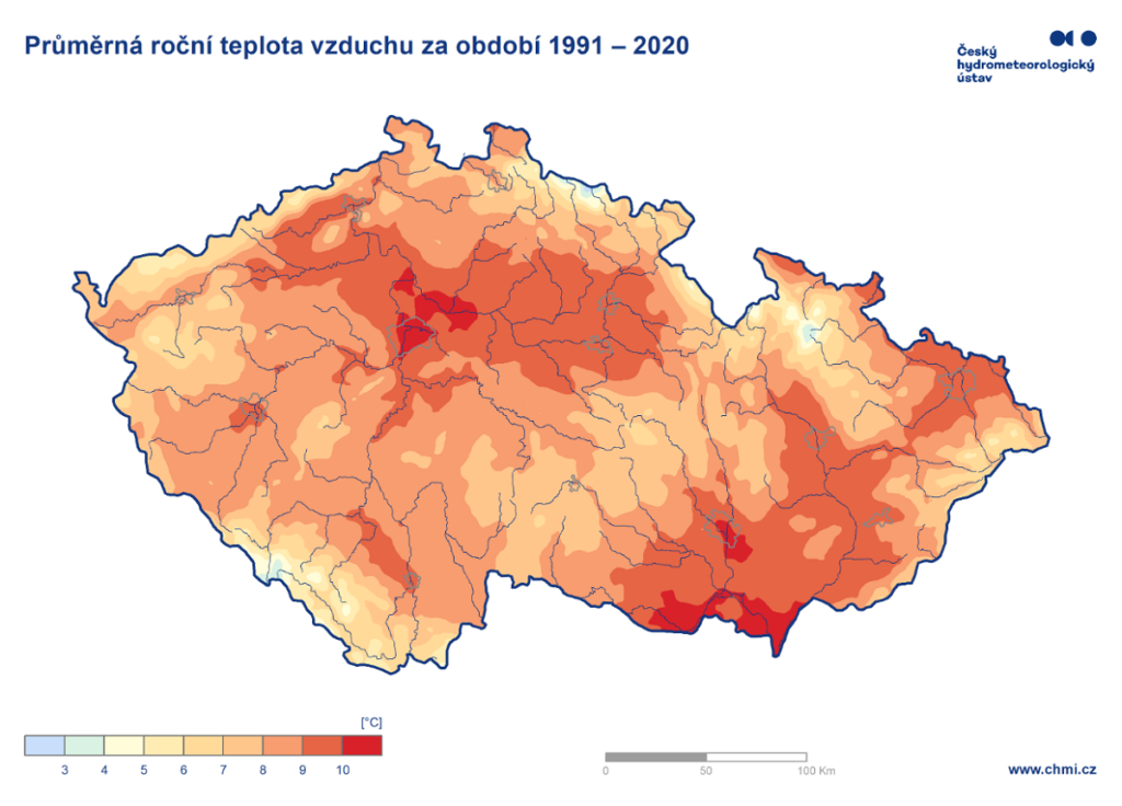 Srovnání průměrné roční teploty v letech 1991-2020 se situací v roce 2024 (zdroj: Portál ČHMÚ, Historická data)