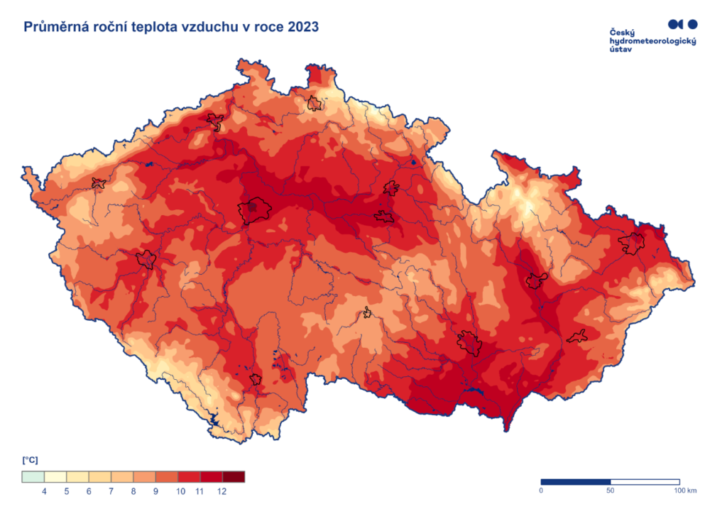 Srovnání průměrné roční teploty v letech 1991-2020 se situací v roce 2024 (zdroj: Portál ČHMÚ, Historická data) 